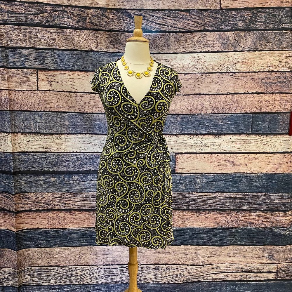 Maggy London Black and Lime Green Wrap Dress